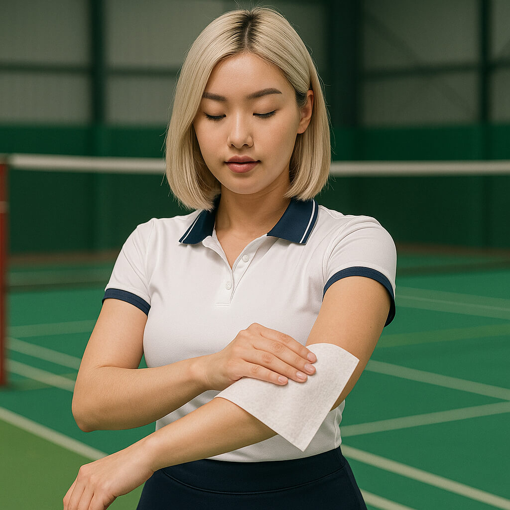 woman using hydren body wipes in badminton court Hydren ID 5 wanita pakai hydren tisu badan di badminton