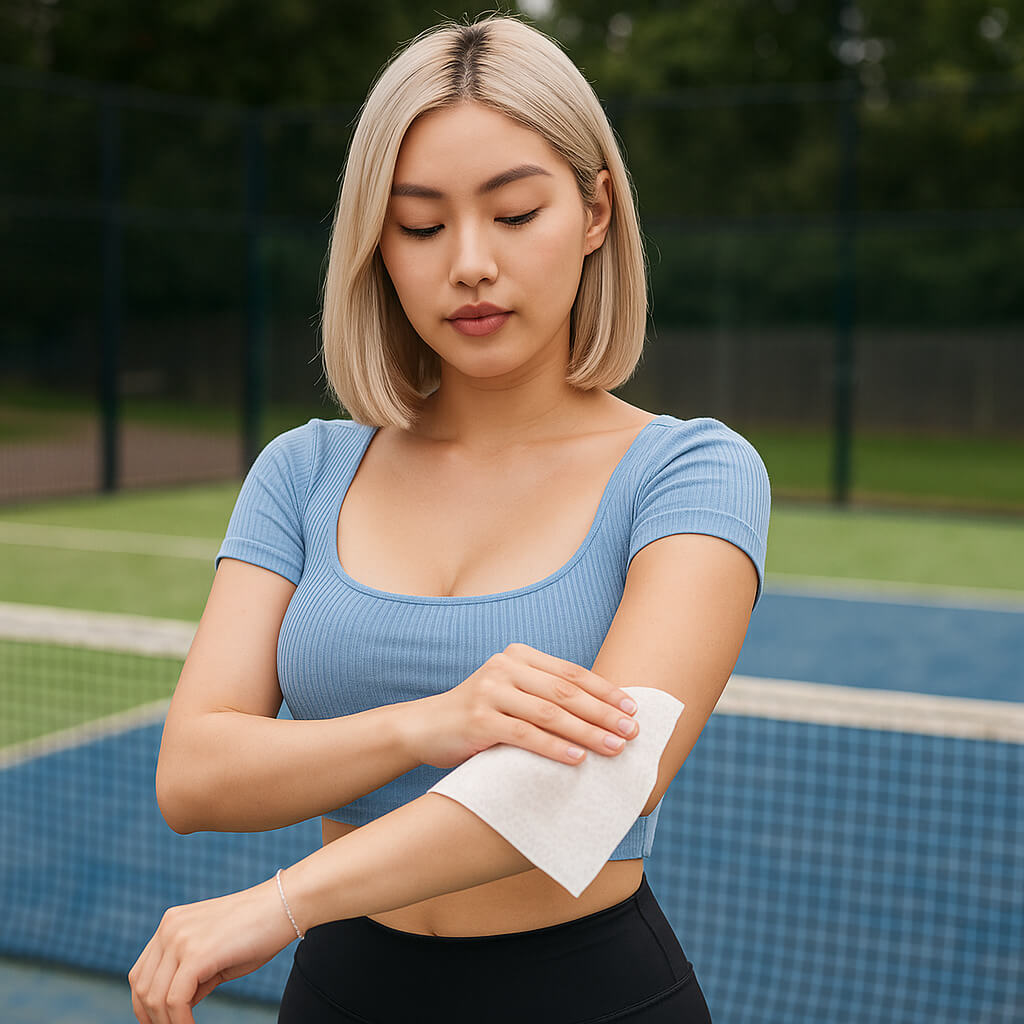 woman using hydren body wipes in tennis court Hydren ID 4 wanita pakai hydren tisu badan di tennis